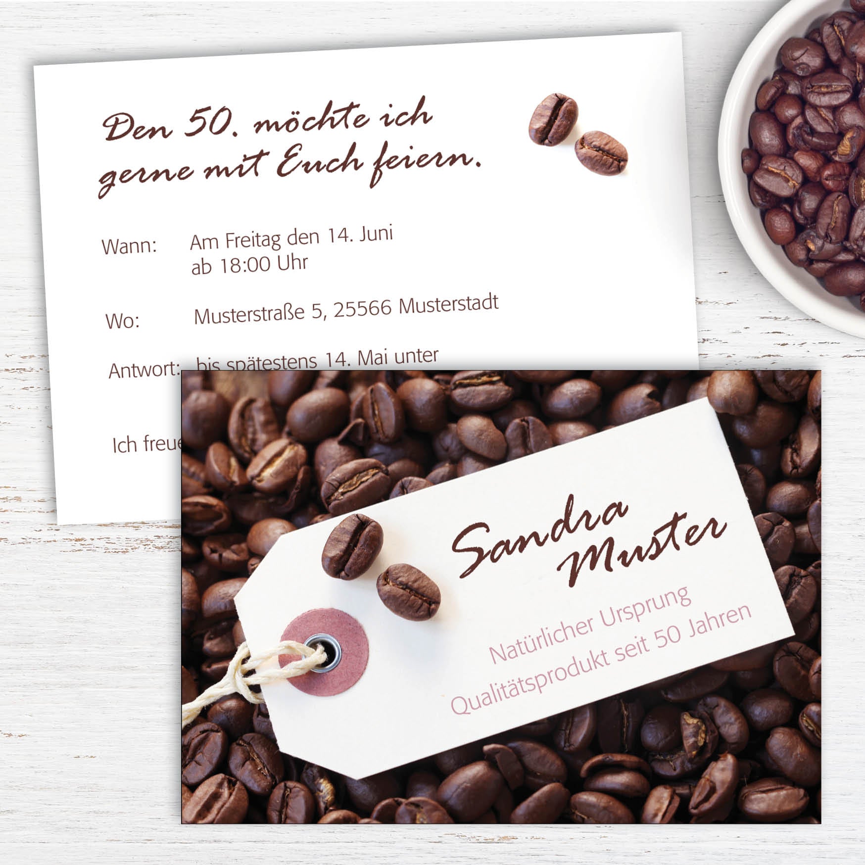 Einladung zum 50. Geburtstag: Kaffee Bohnen